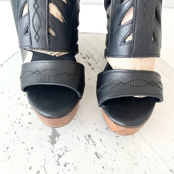 Lane Boots BECCA Womens Black Wedges 5.5 Western Sandals Cowgirl Leather Heels - Picture 6 of 11